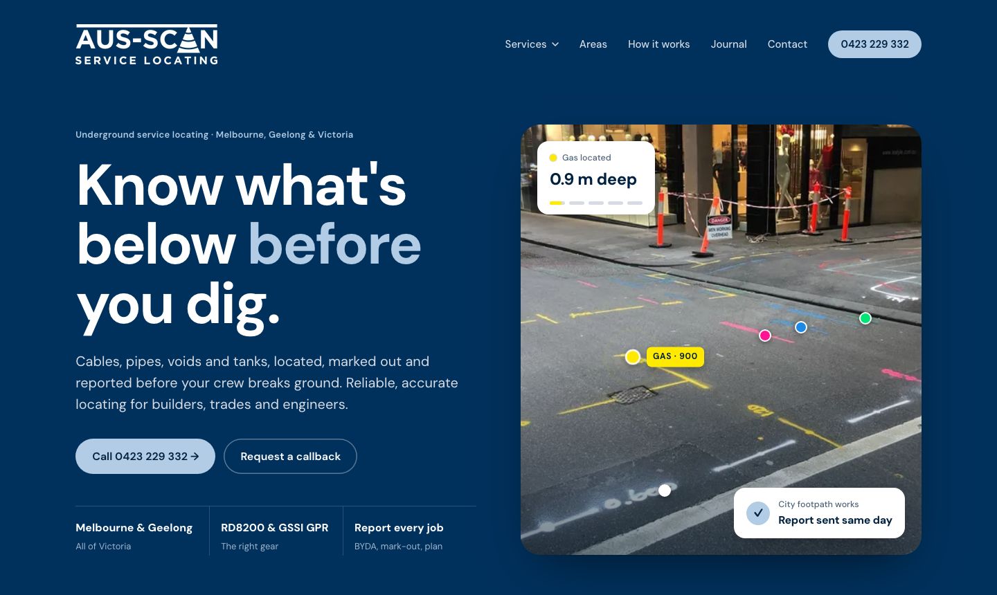The new Aus-Scan homepage: “Know what’s below before you dig.” with call and callback buttons beside a marked-up street photo