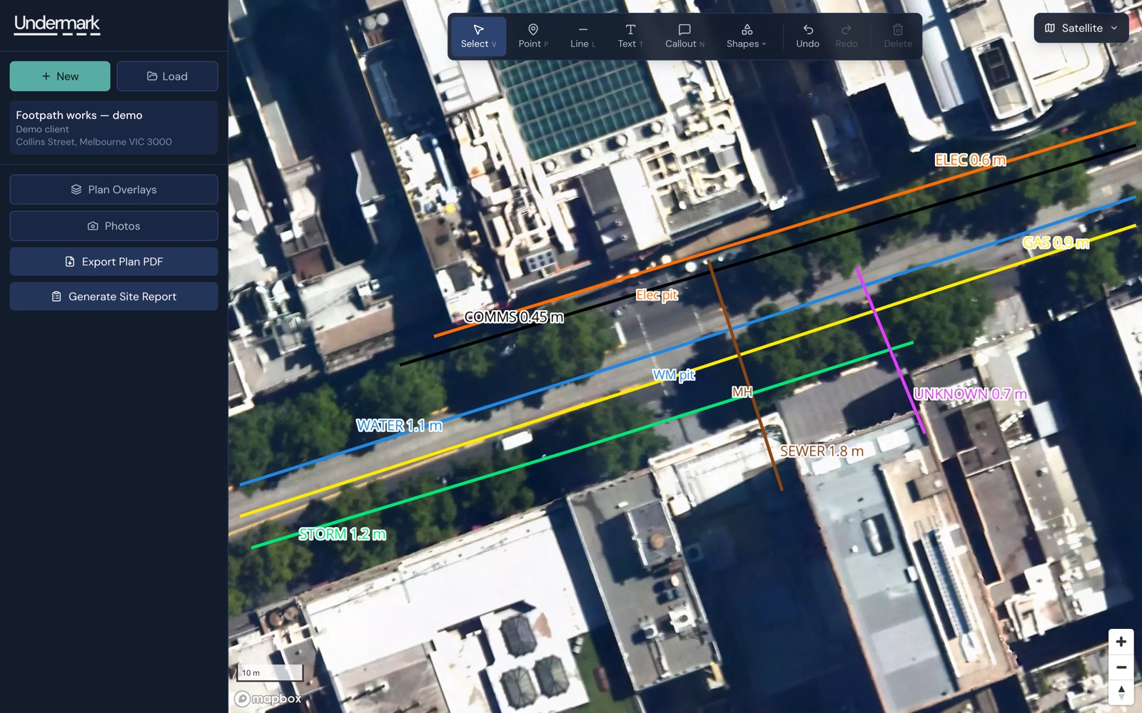 Undermark’s editor: gas, water, electricity, comms, sewer and storm water lines drawn over a satellite view of a city street, each labelled with its depth