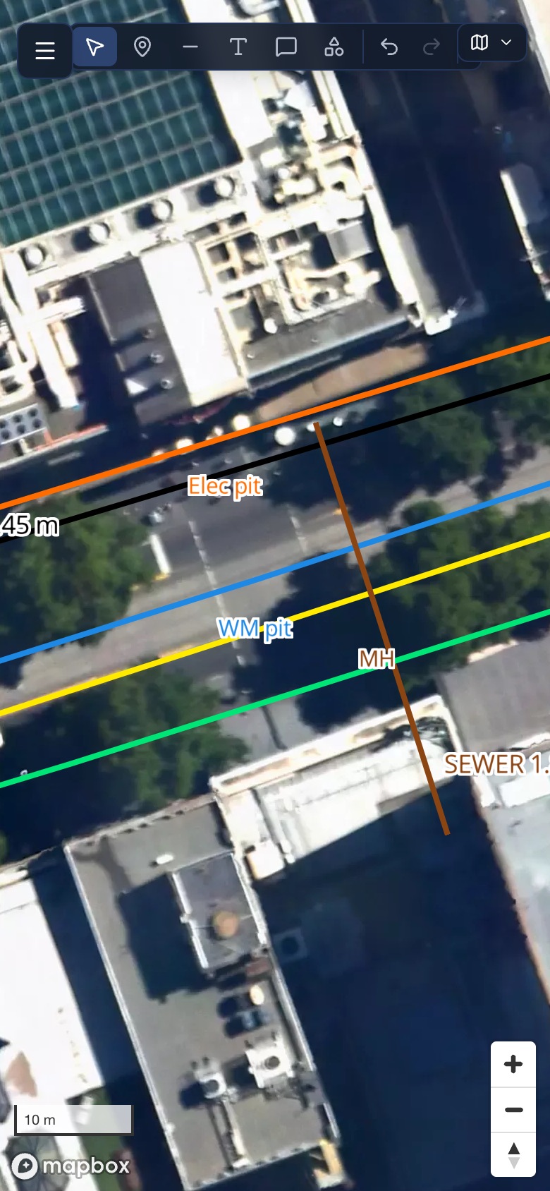 Undermark on a phone, showing the drawing toolbar over the satellite map