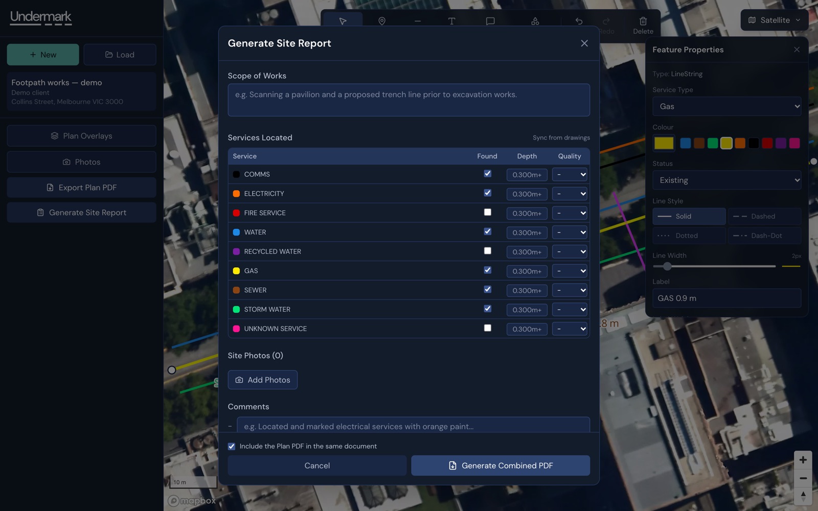 Undermark’s site report form listing each service type with found, depth and quality columns