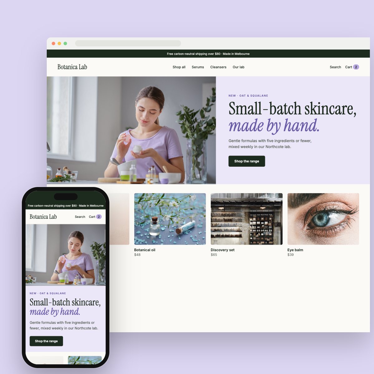 Concept homepage for a skincare store, on desktop and phone