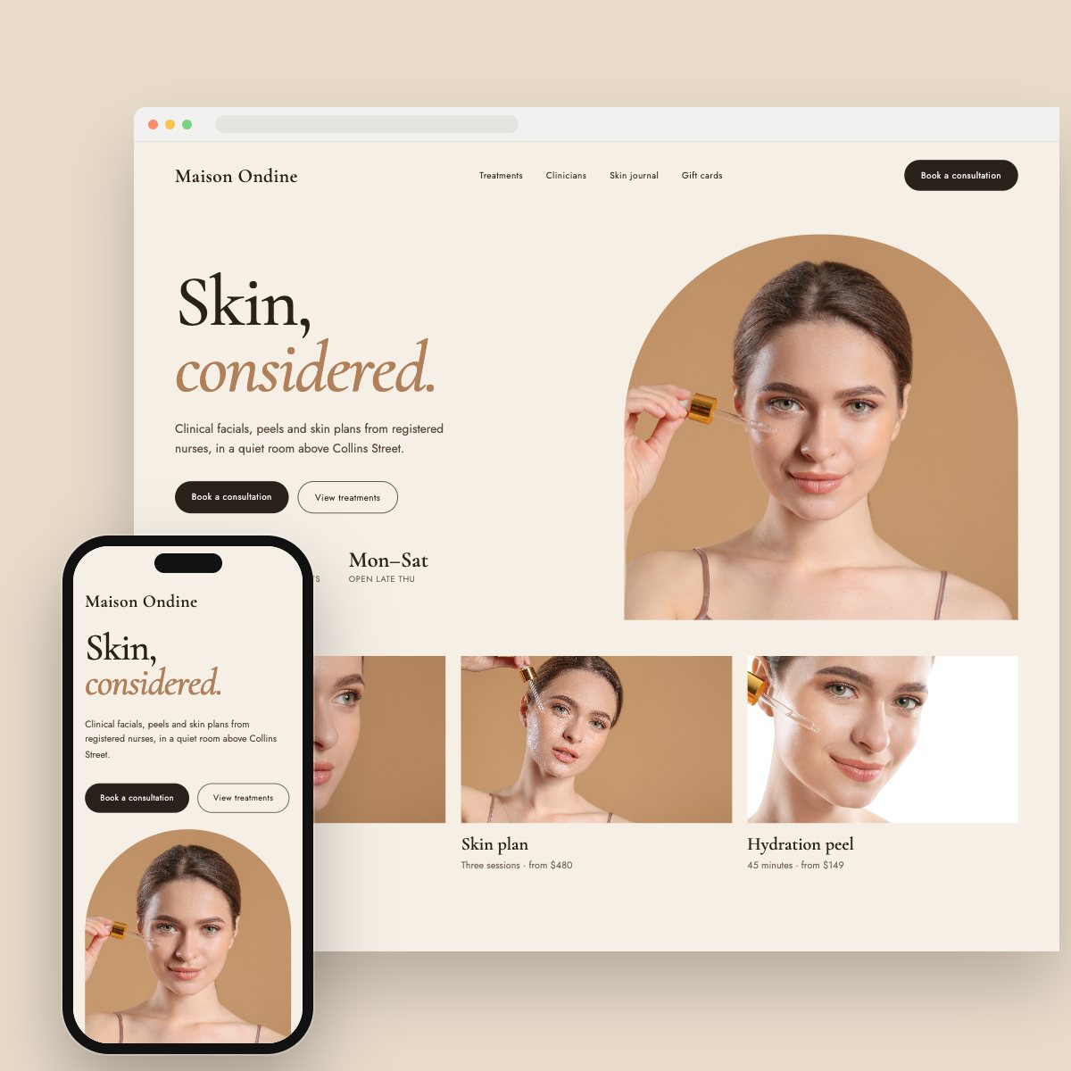 Concept homepage for a skin clinic, on desktop and phone