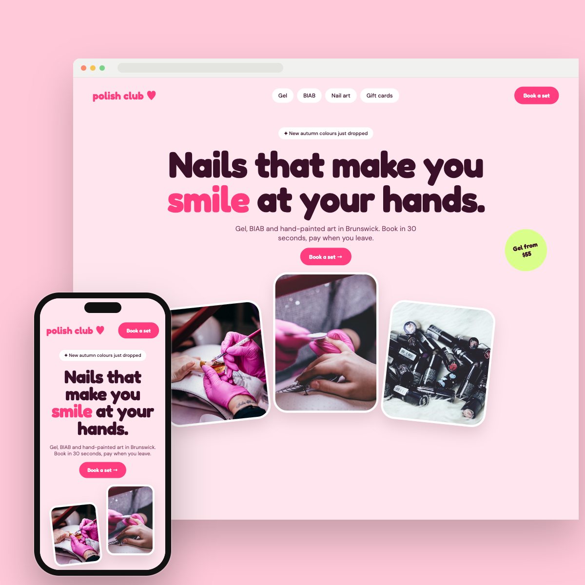 Concept homepage for a nail studio, on desktop and phone