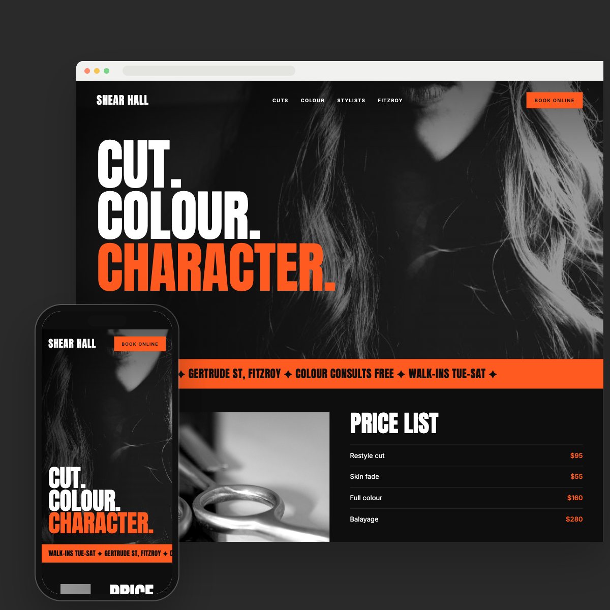 Concept homepage for a hair salon, on desktop and phone