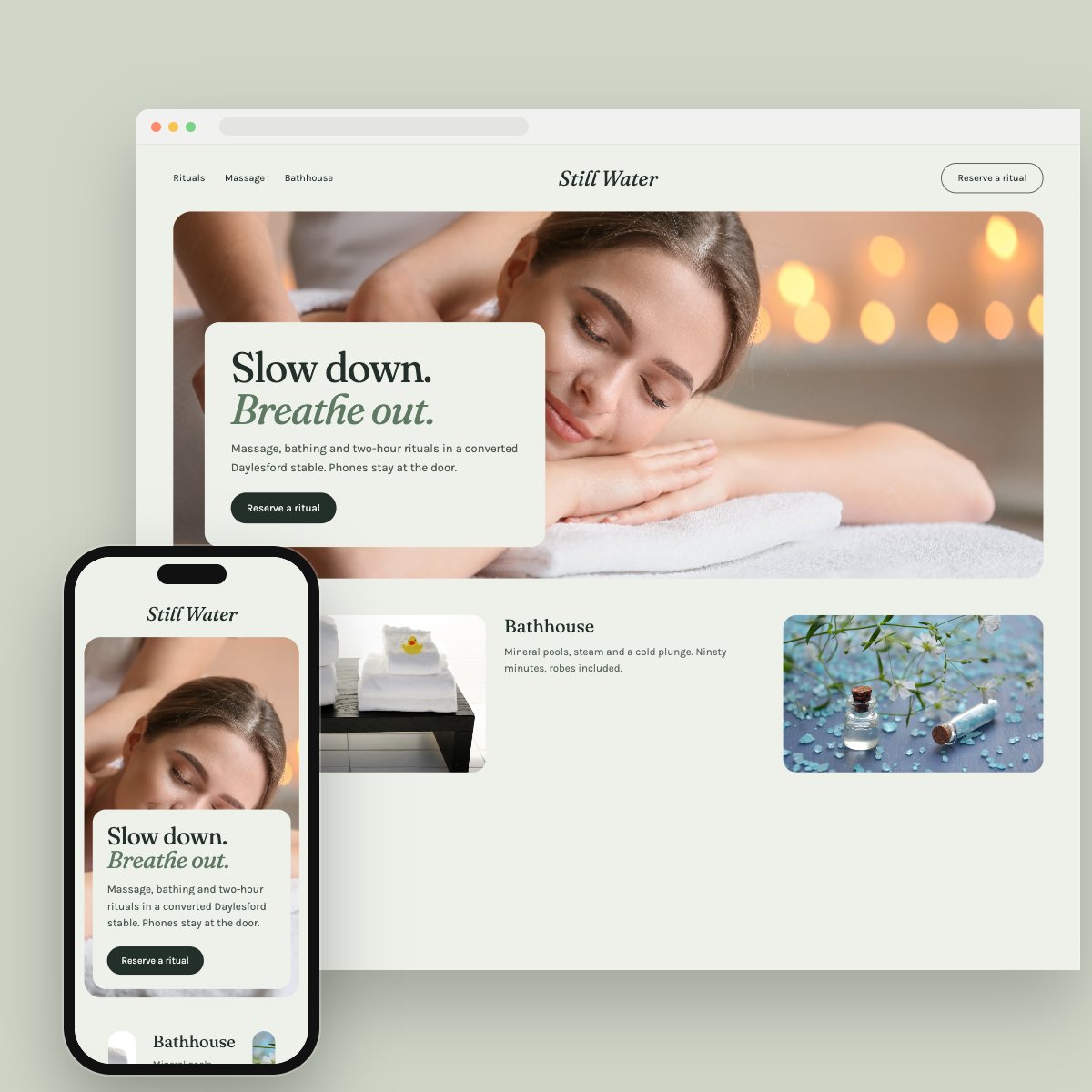 Concept homepage for a day spa, on desktop and phone
