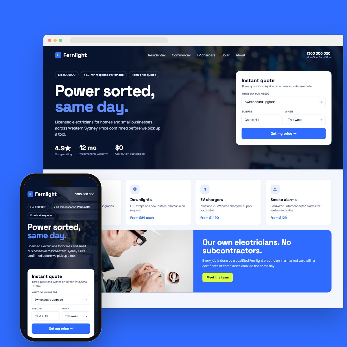 Concept homepage for a electrician, on desktop and phone