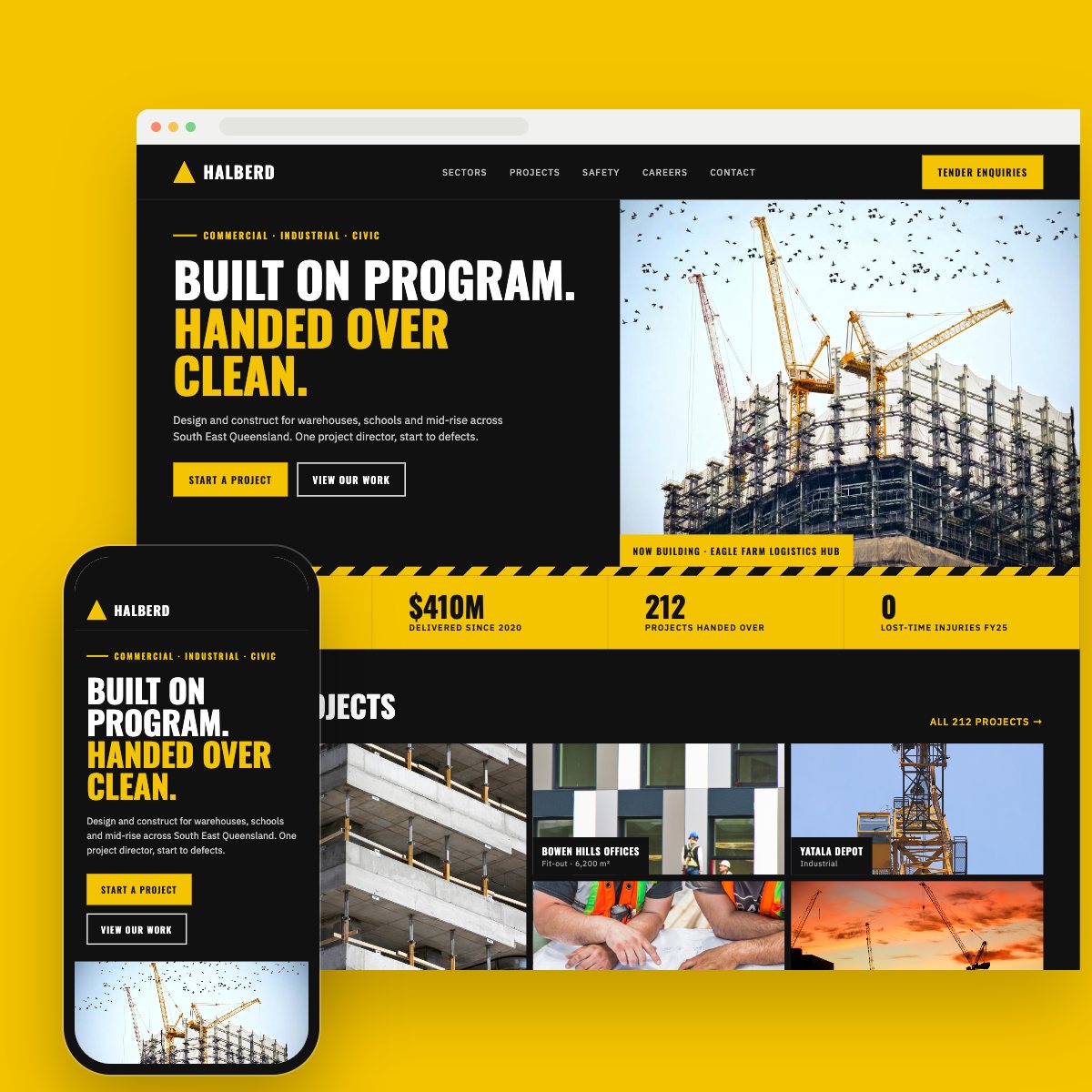 Concept homepage for a commercial builder, on desktop and phone
