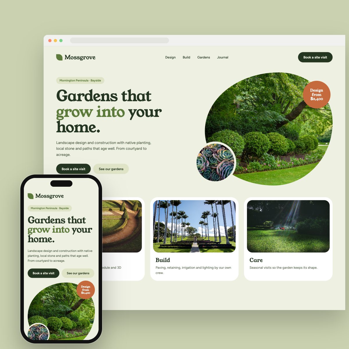 Concept homepage for a landscape design, on desktop and phone