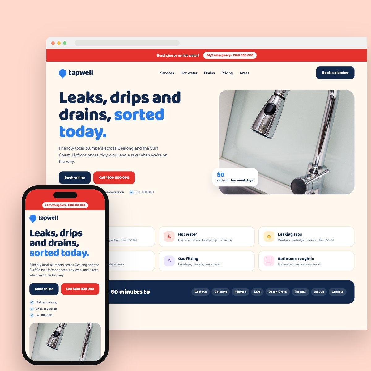 Concept homepage for a plumber, on desktop and phone