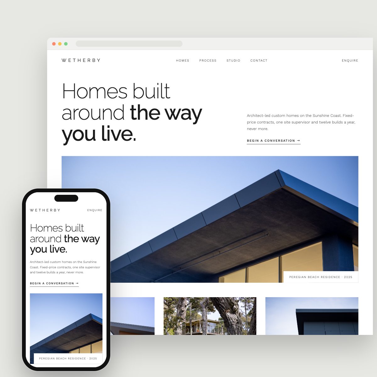 Concept homepage for a custom home builder, on desktop and phone