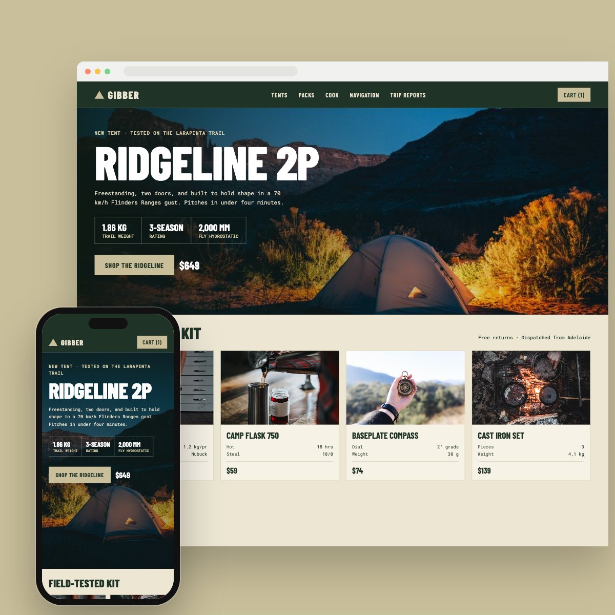 Concept homepage for a outdoor & camping gear, on desktop and phone
