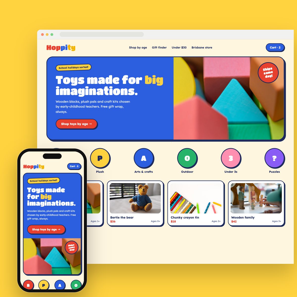 Concept homepage for a kids' toy shop, on desktop and phone