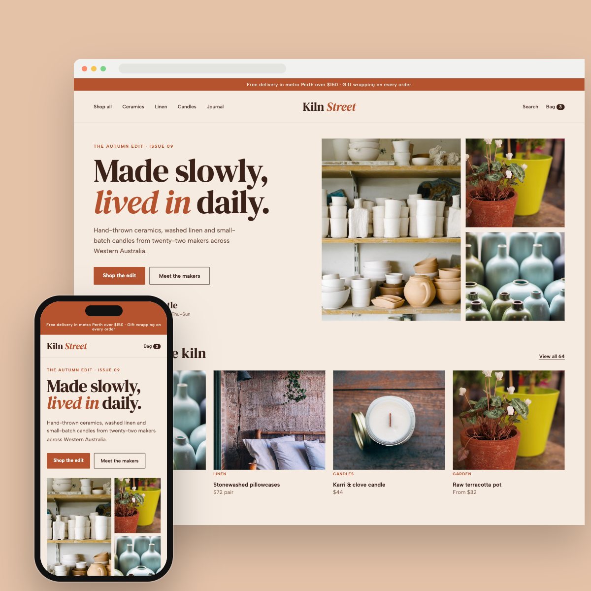 Concept homepage for a homewares store, on desktop and phone