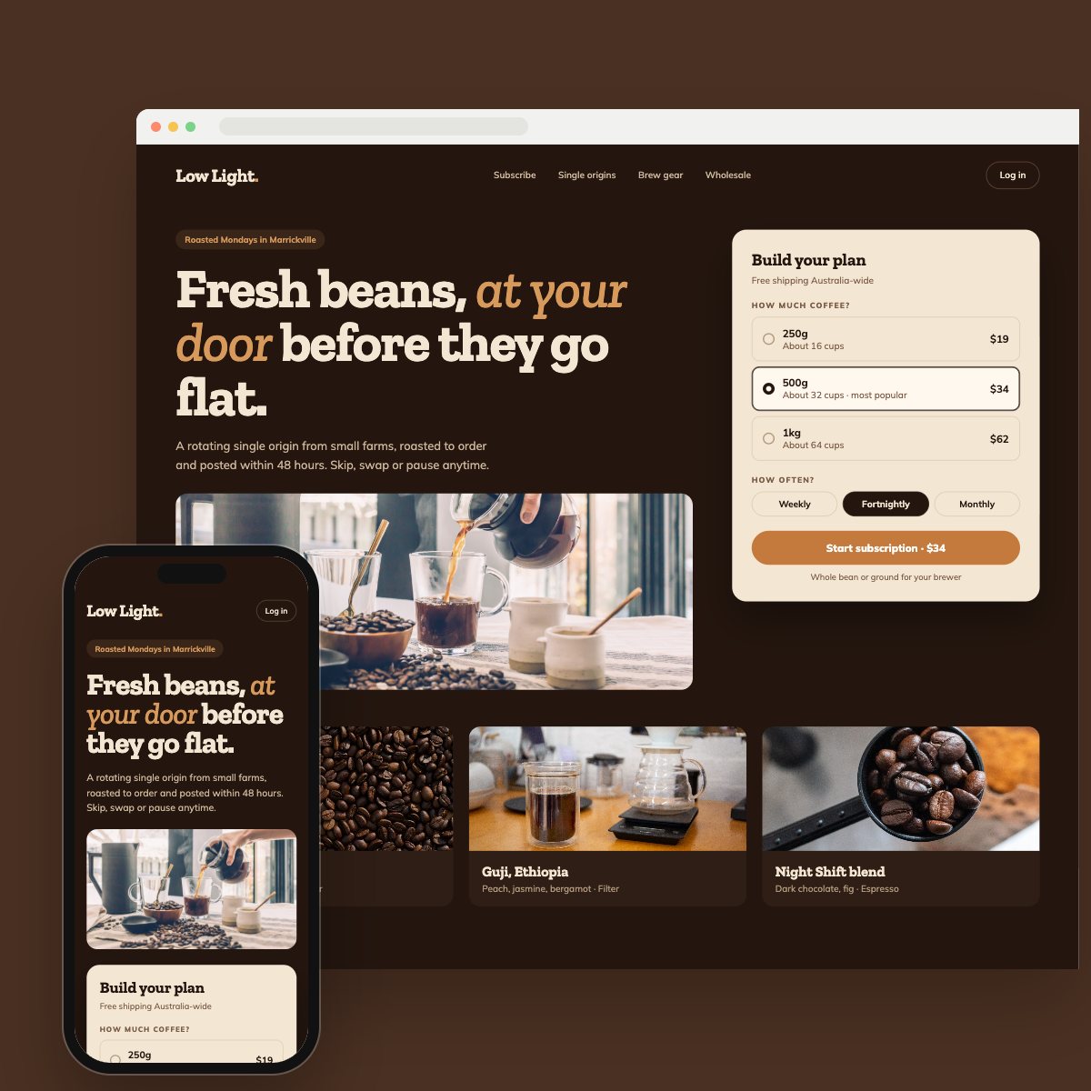 Concept homepage for a coffee subscription, on desktop and phone