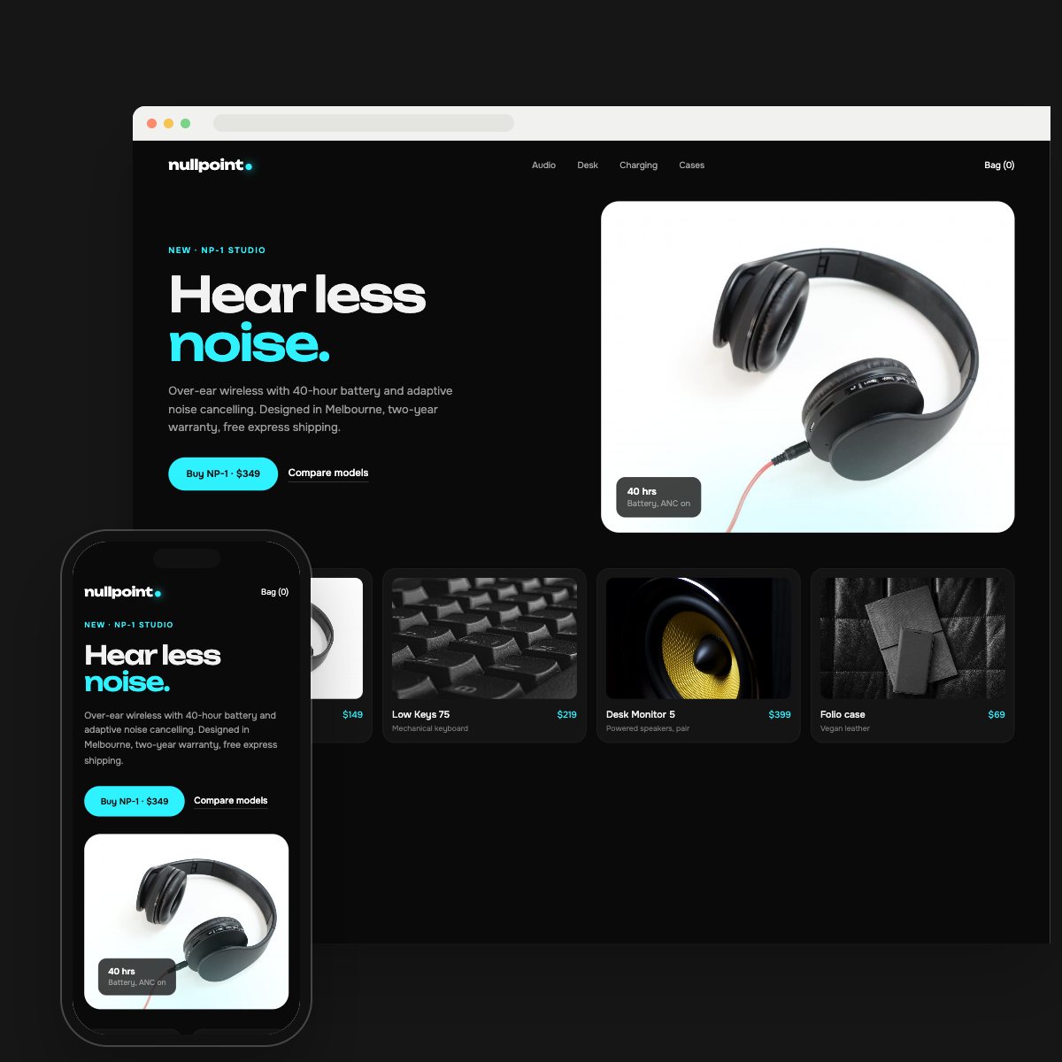 Concept homepage for a tech accessories, on desktop and phone