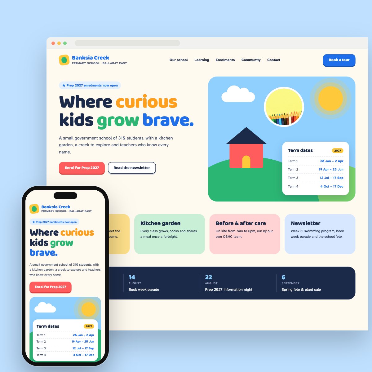 Concept homepage for a primary school, on desktop and phone