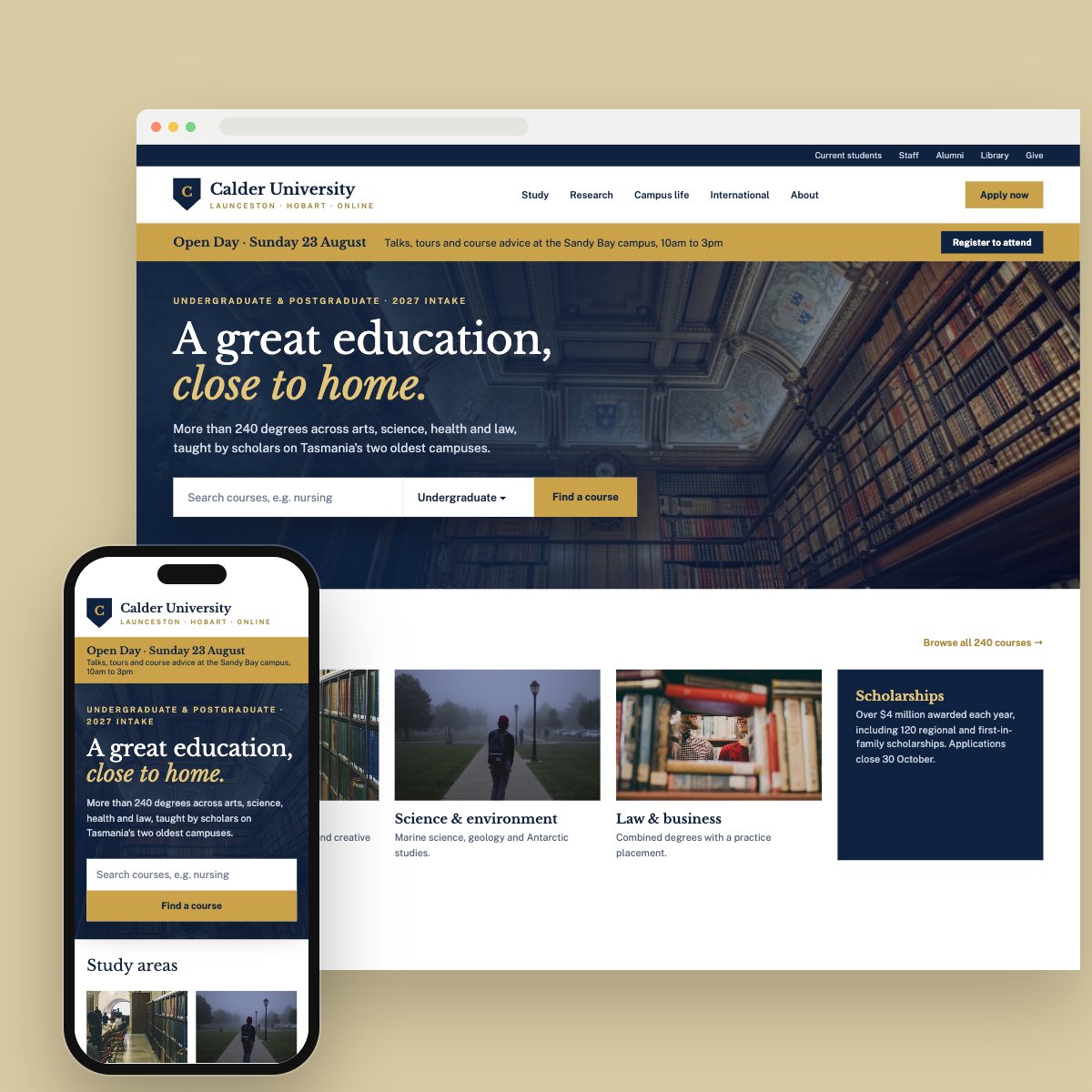 Concept homepage for a university, on desktop and phone