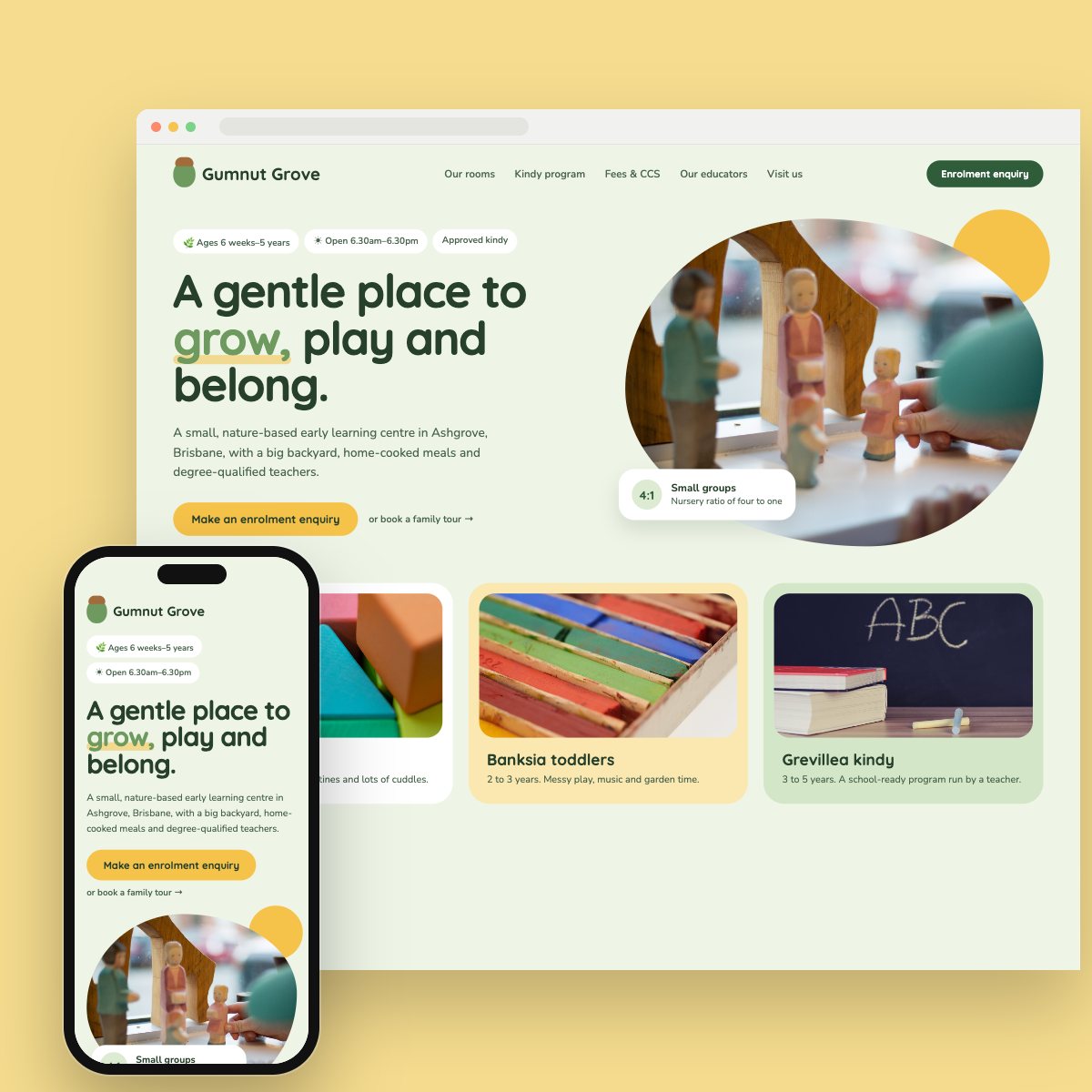 Concept homepage for a early learning, on desktop and phone