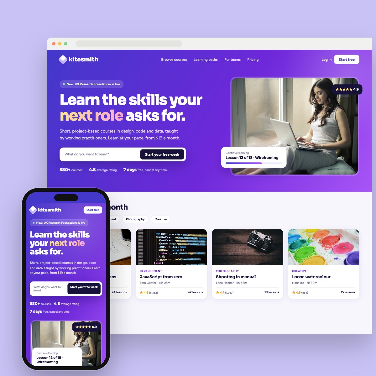 Concept homepage for a online courses, on desktop and phone