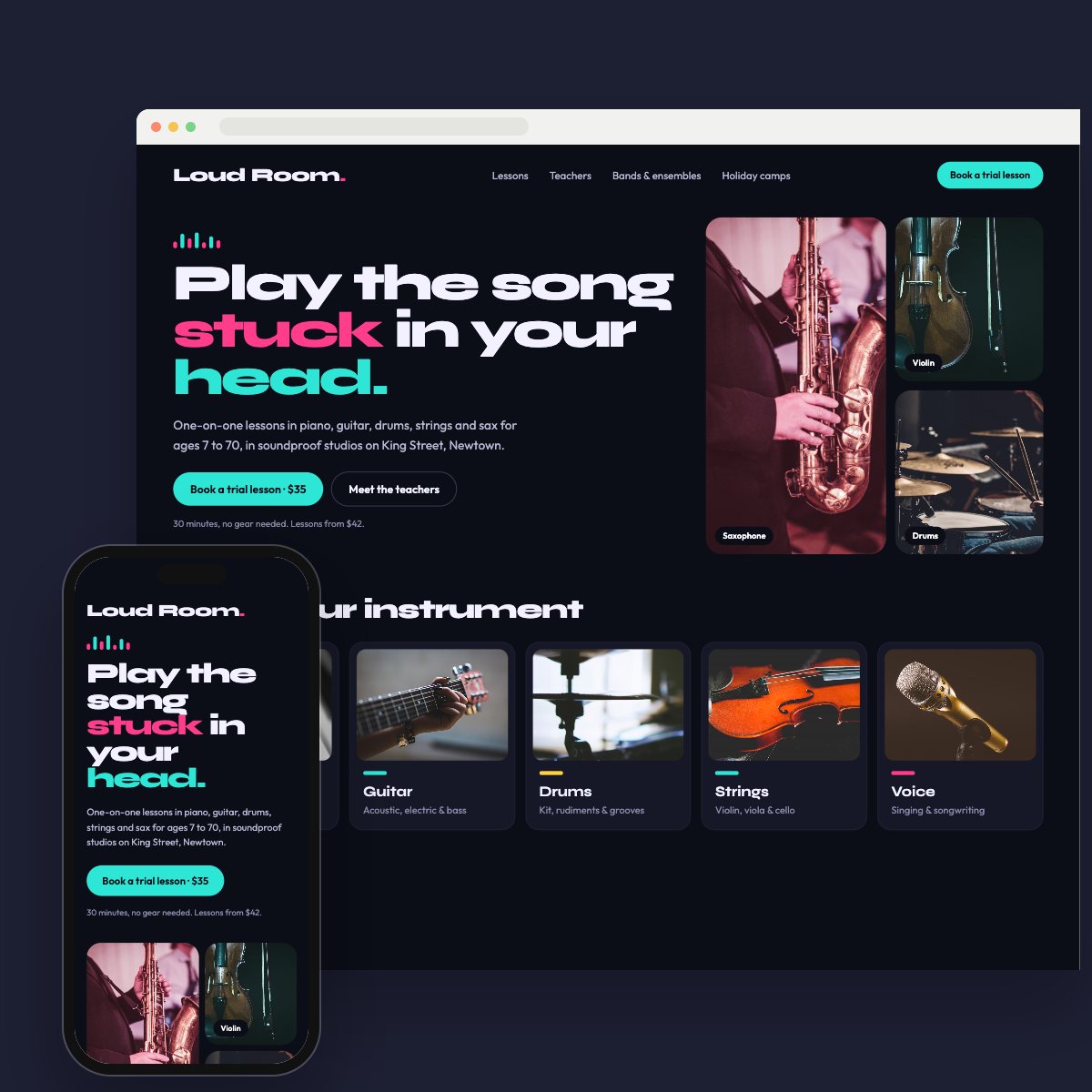 Concept homepage for a music school, on desktop and phone