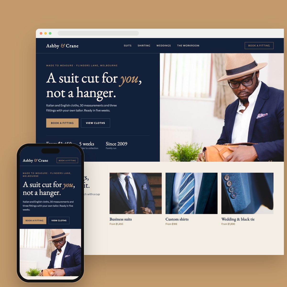 Concept homepage for a menswear tailoring, on desktop and phone