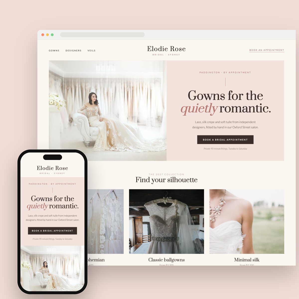 Concept homepage for a bridal boutique, on desktop and phone