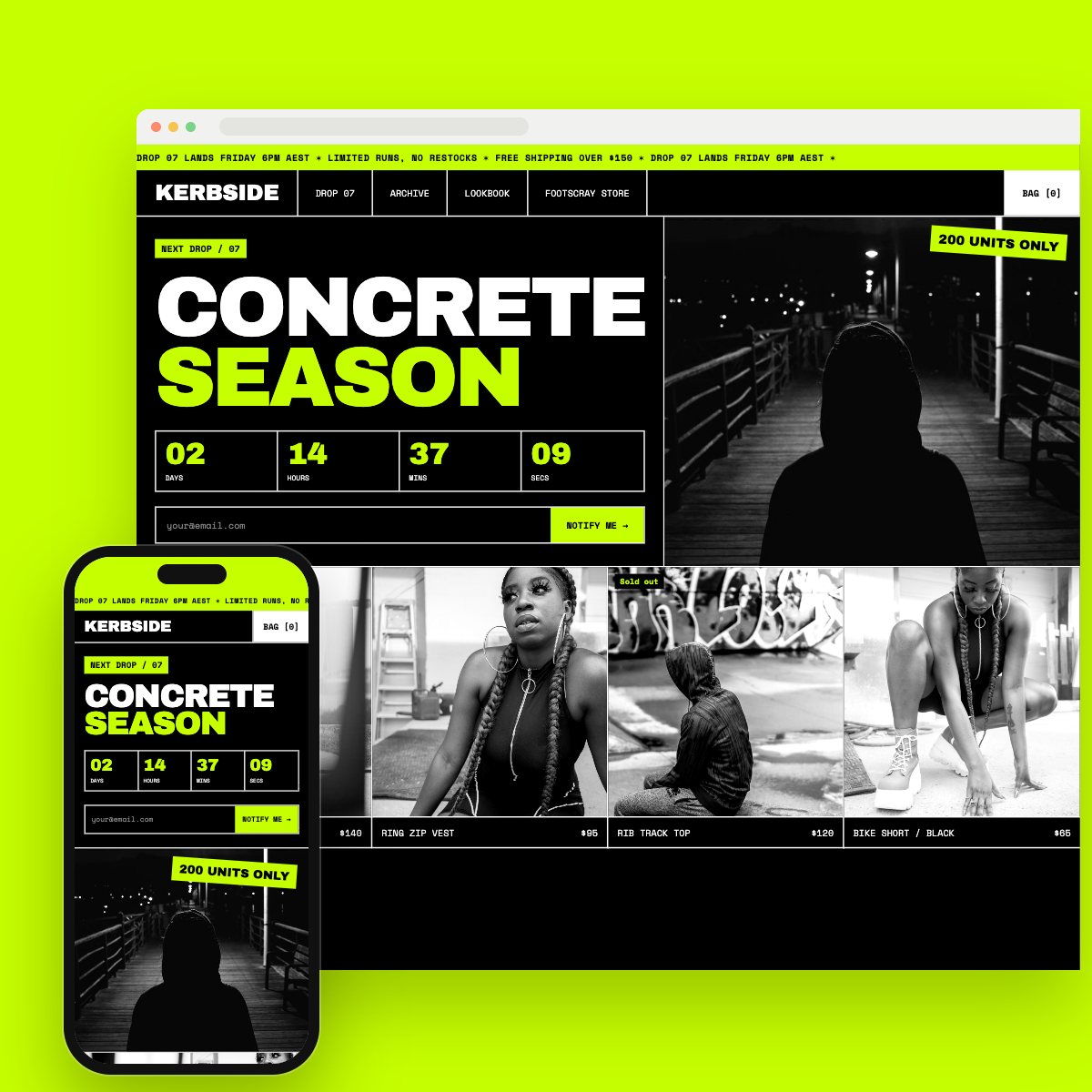 Concept homepage for a streetwear label, on desktop and phone