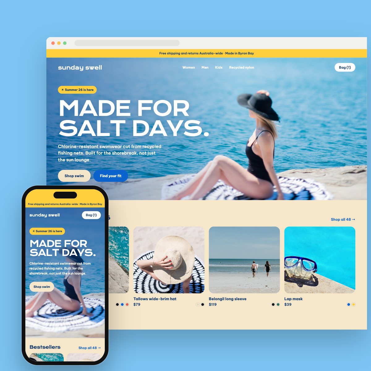 Concept homepage for a swimwear label, on desktop and phone