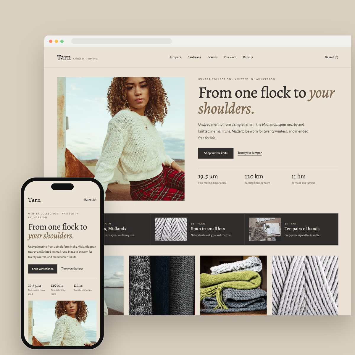 Concept homepage for a sustainable knitwear, on desktop and phone