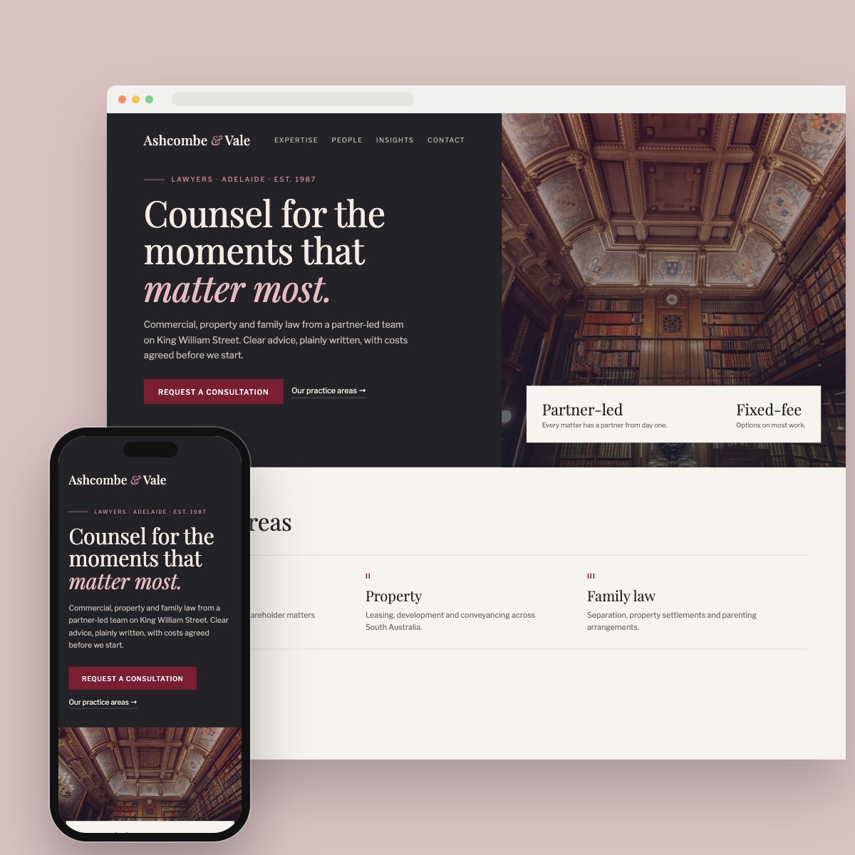 Concept homepage for a law firm, on desktop and phone