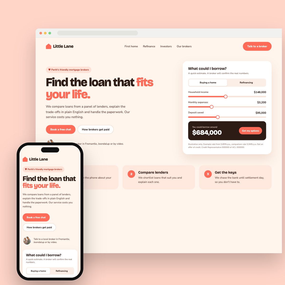 Concept homepage for a mortgage broker, on desktop and phone