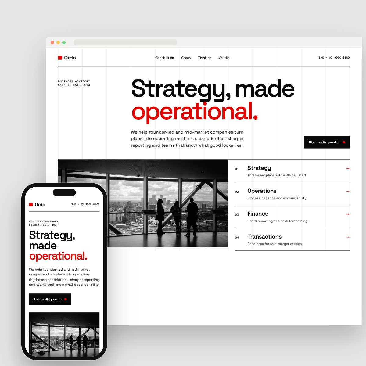 Concept homepage for a business consultancy, on desktop and phone