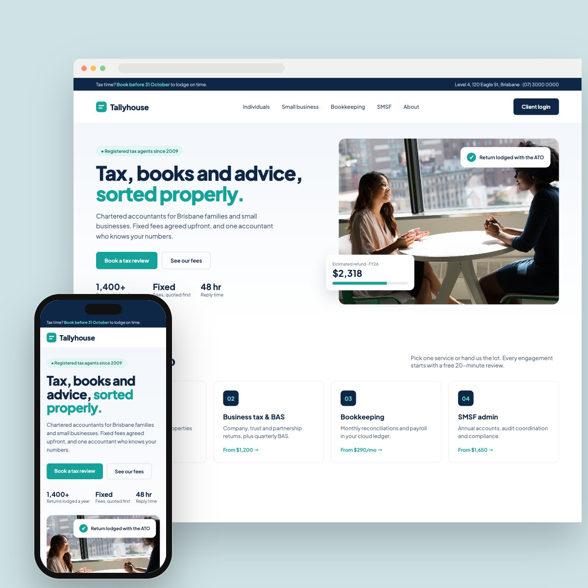 Concept homepage for a accounting firm, on desktop and phone