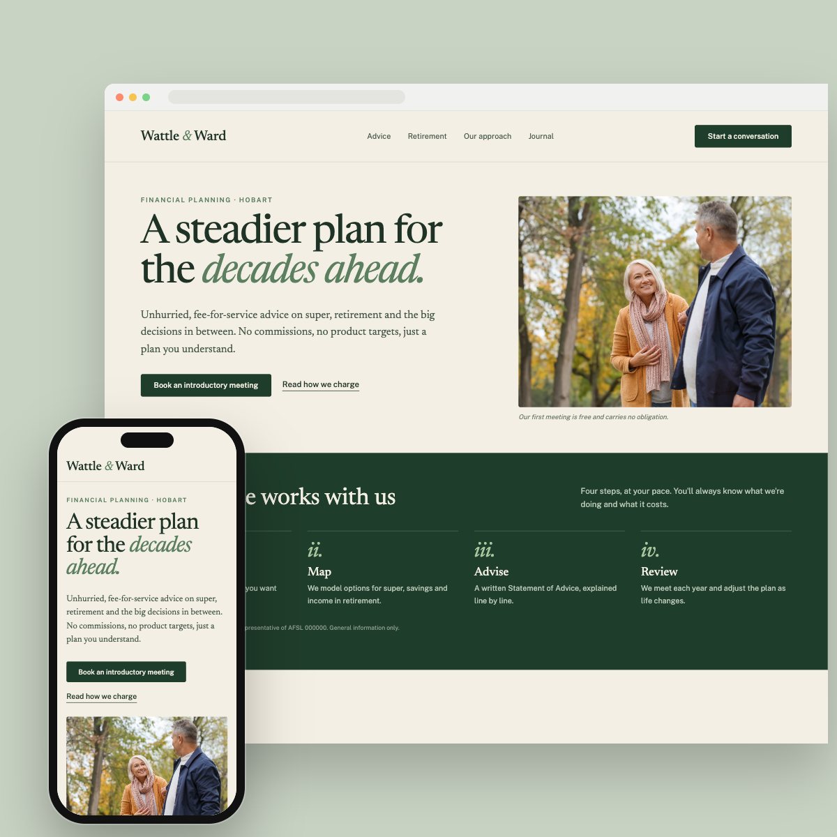 Concept homepage for a financial planner, on desktop and phone