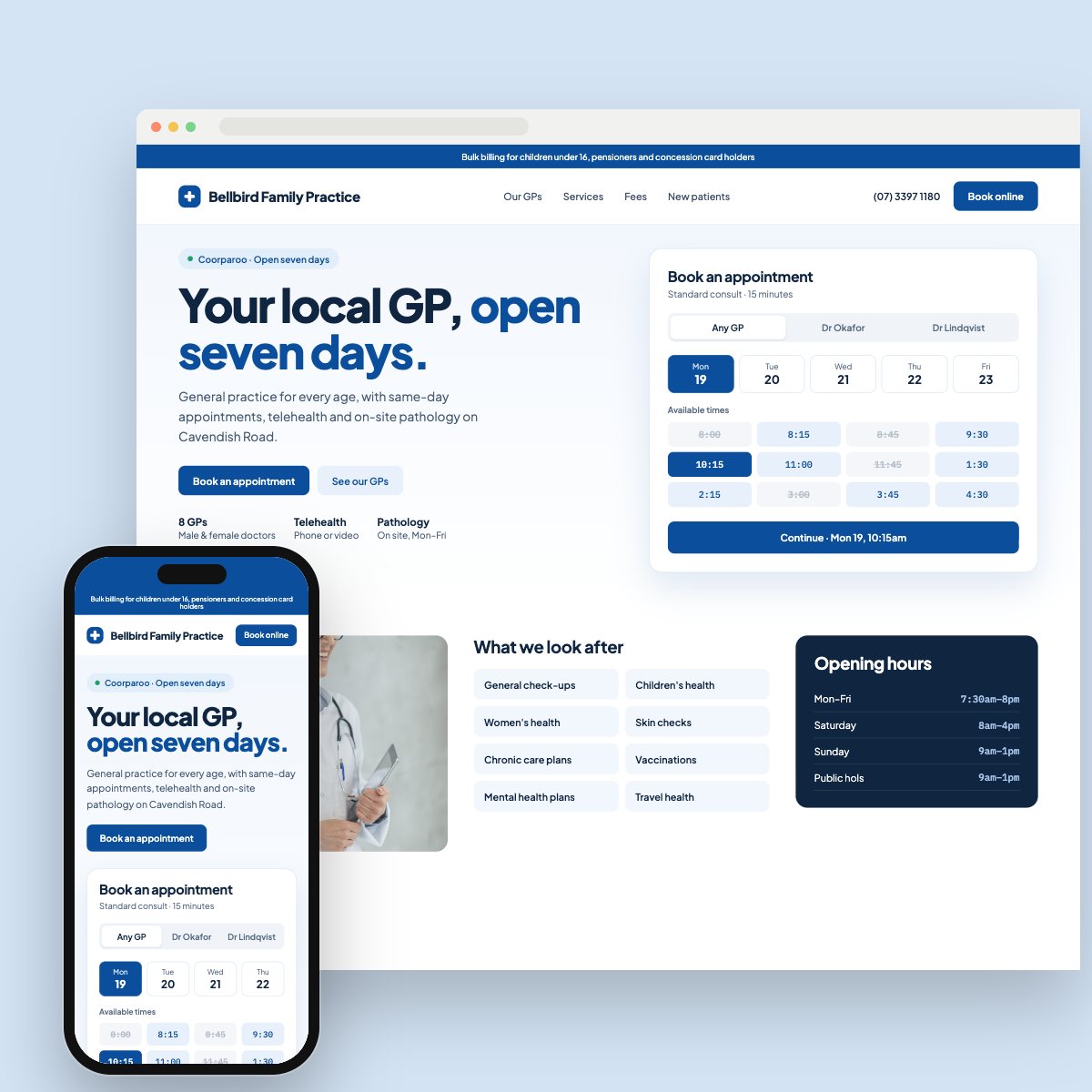 Concept homepage for a gp clinic, on desktop and phone