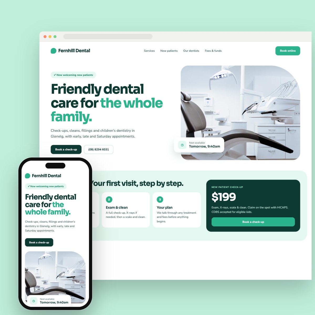 Concept homepage for a dental practice, on desktop and phone