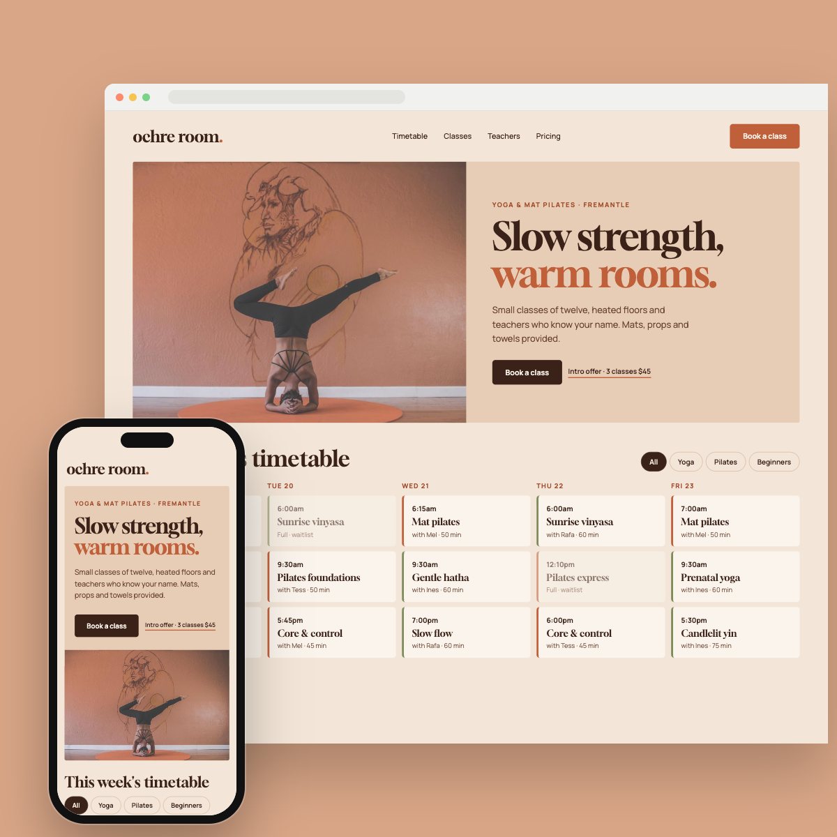 Concept homepage for a yoga & pilates studio, on desktop and phone