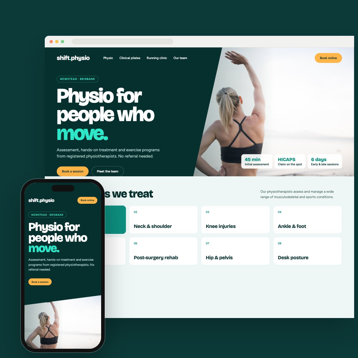 Concept homepage for a physiotherapy, on desktop and phone