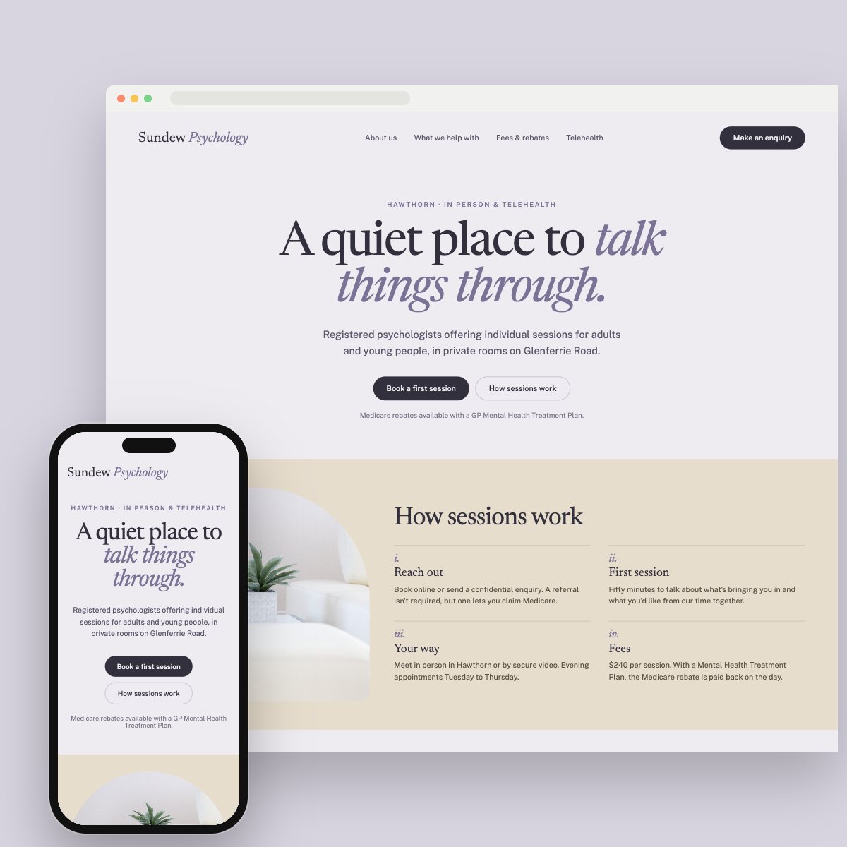 Concept homepage for a psychology practice, on desktop and phone