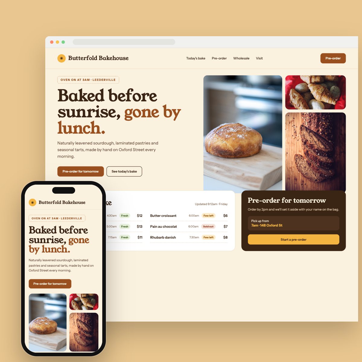 Concept homepage for a artisan bakery, on desktop and phone