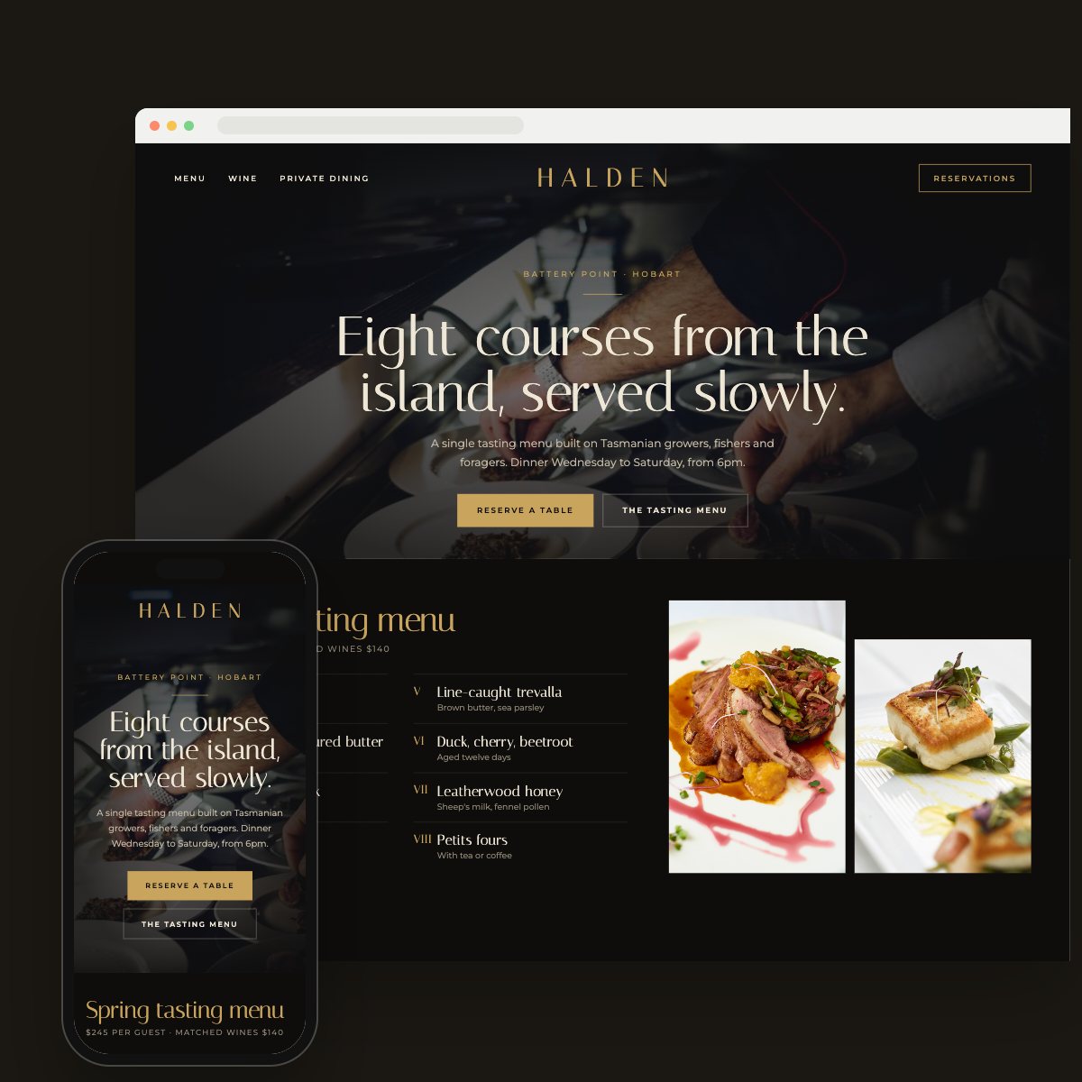 Concept homepage for a fine dining restaurant, on desktop and phone