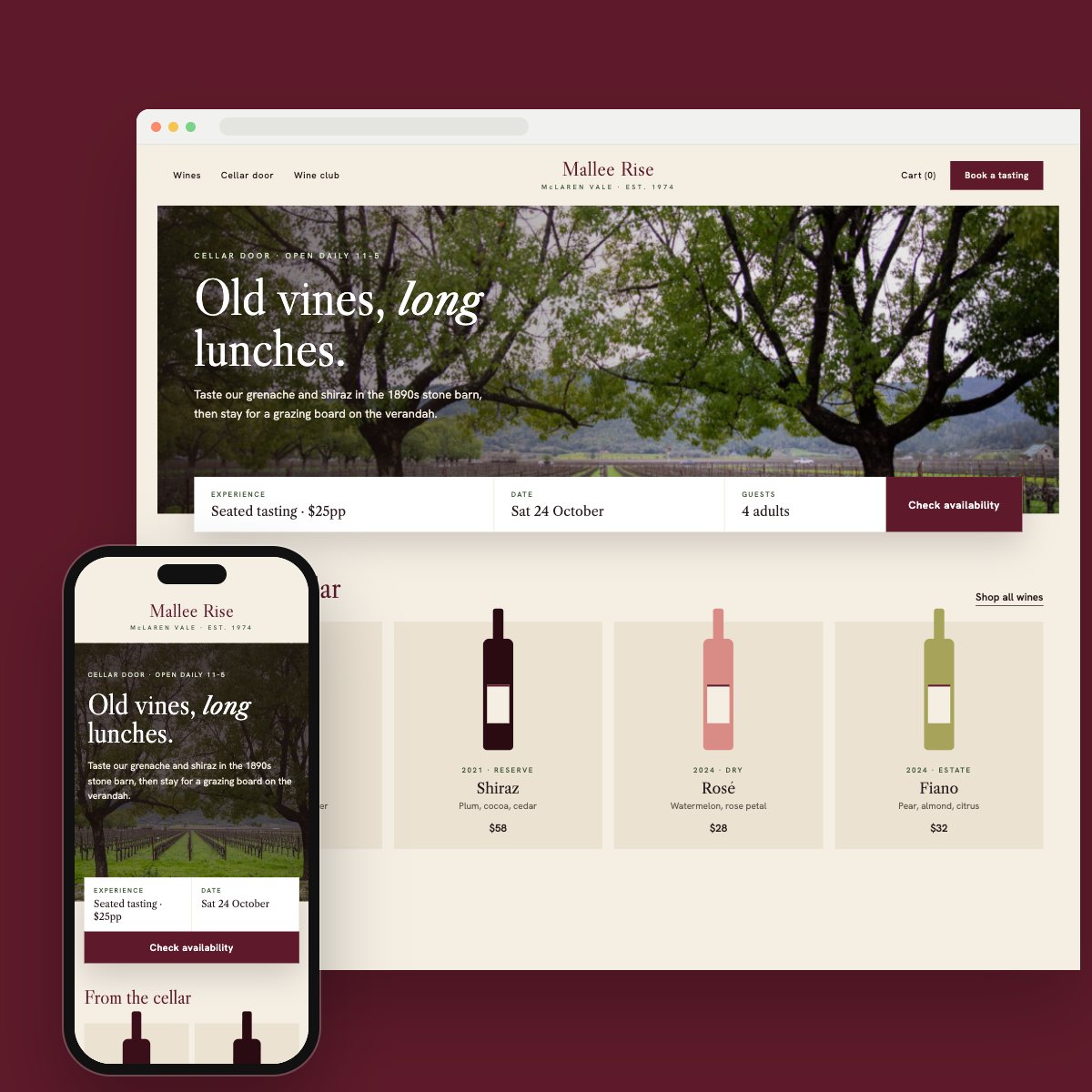 Concept homepage for a winery cellar door, on desktop and phone