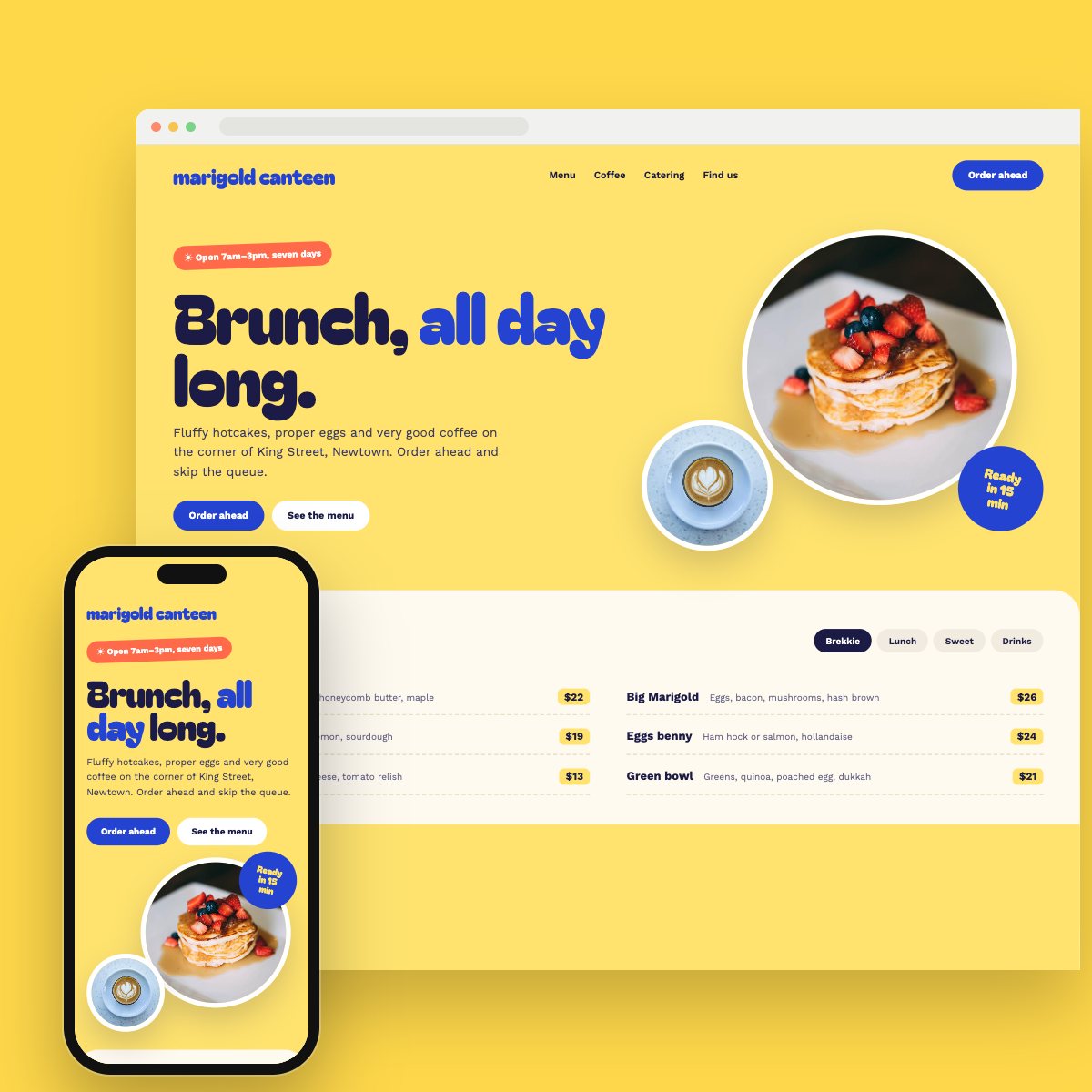 Concept homepage for a brunch café, on desktop and phone