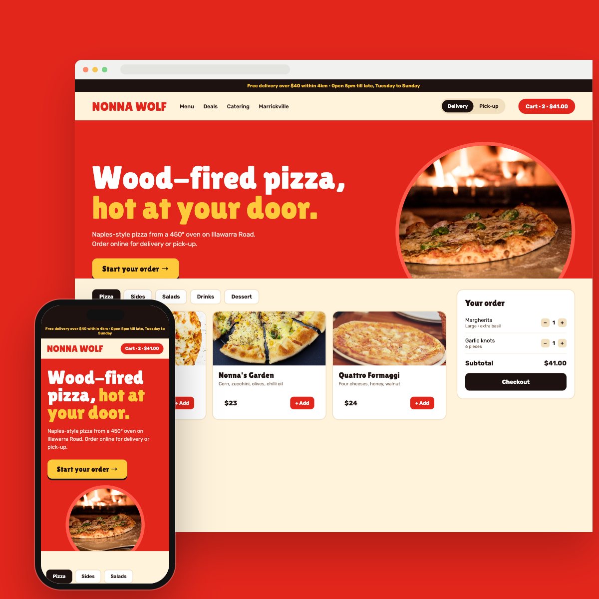 Concept homepage for a pizza & takeaway, on desktop and phone