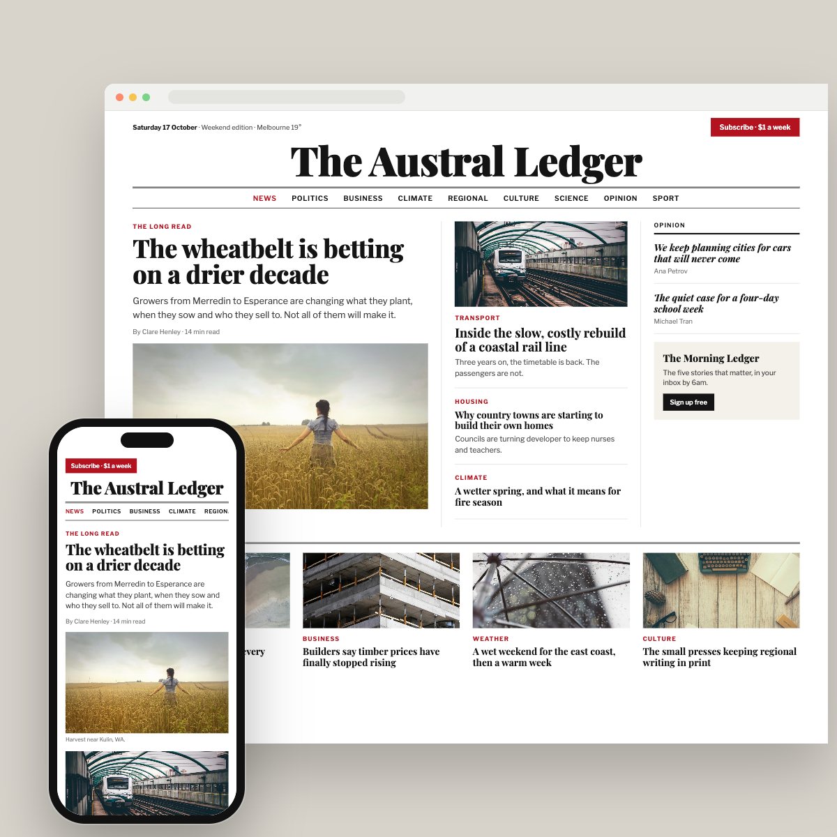 Concept homepage for a news magazine, on desktop and phone