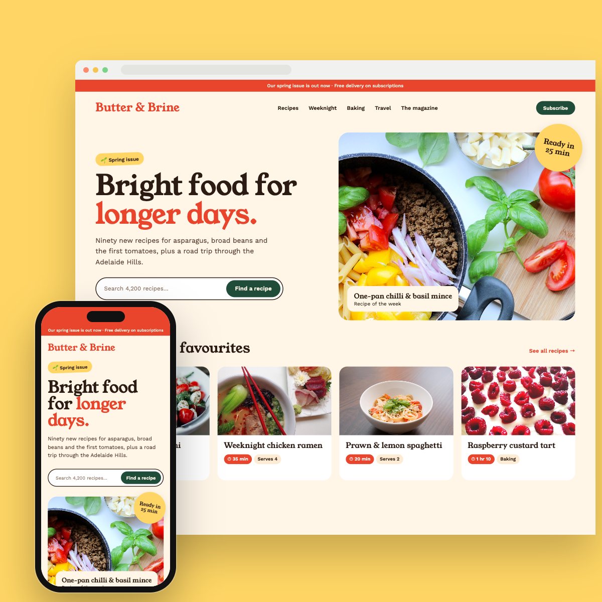 Concept homepage for a food magazine, on desktop and phone