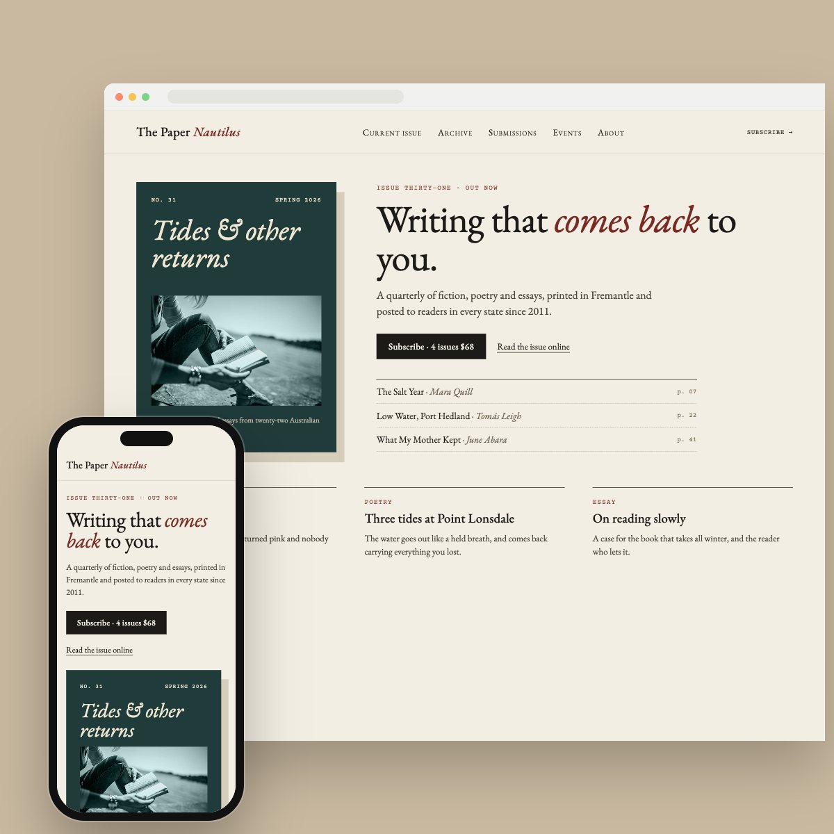 Concept homepage for a literary journal, on desktop and phone