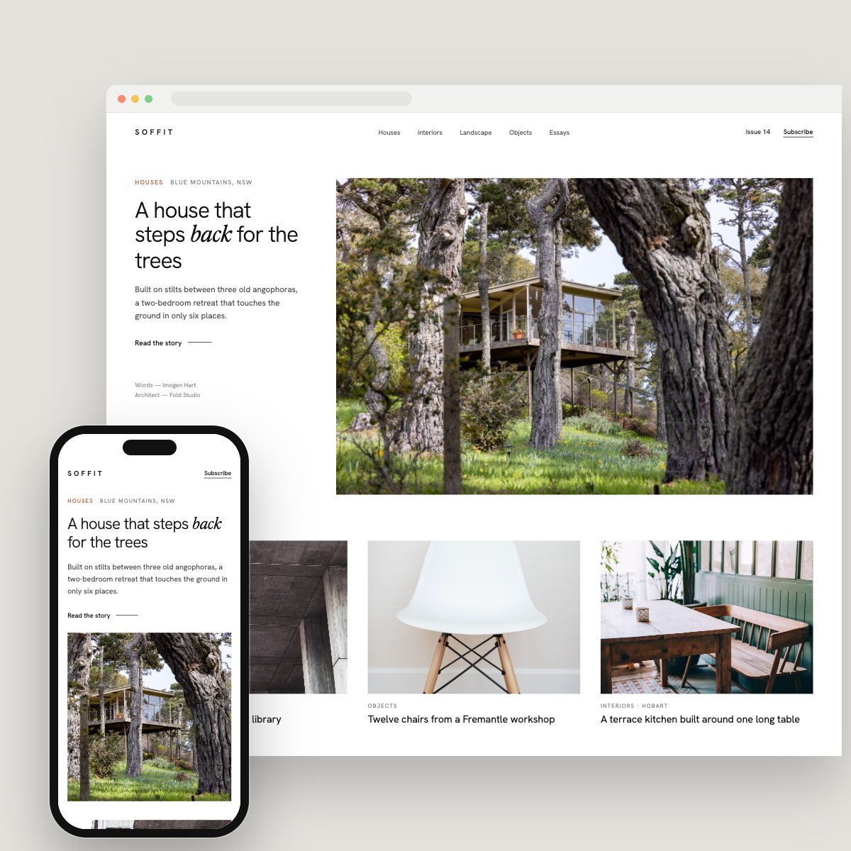 Concept homepage for a architecture magazine, on desktop and phone