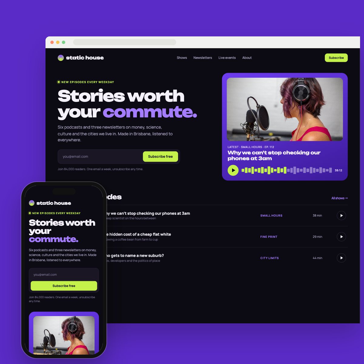 Concept homepage for a podcasts & newsletters, on desktop and phone
