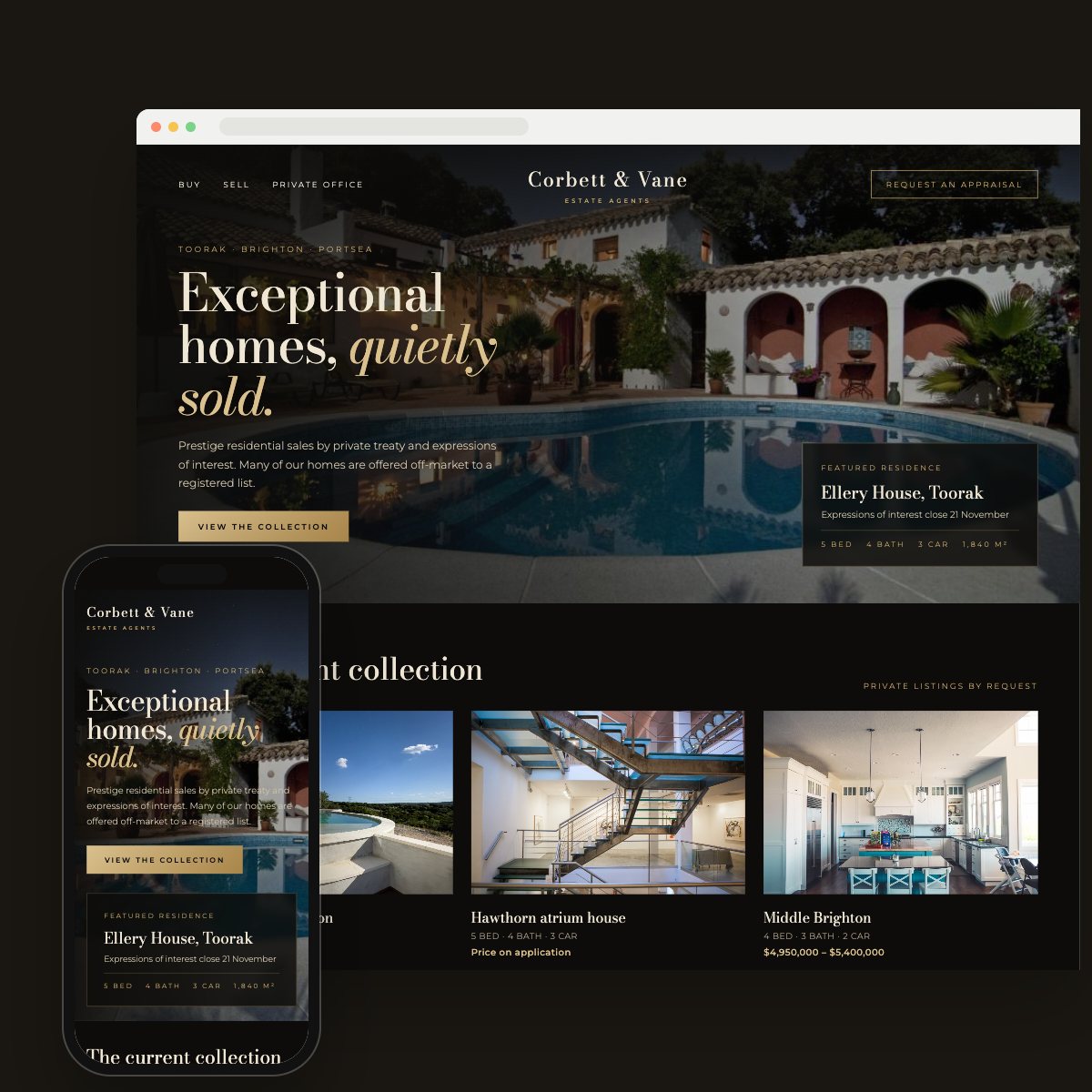 Concept homepage for a prestige agency, on desktop and phone